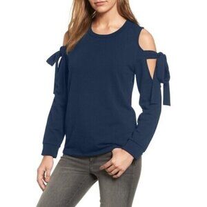 Pleione Womens Cold Shoulder Tie Sleeve Sweatshirt Top Blue Sz XXSP Petite 2XS